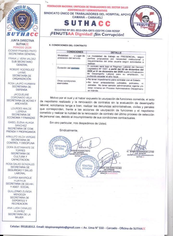 Denuncia por contratos CAS en la Red de Salud Camaná-Caravelí.