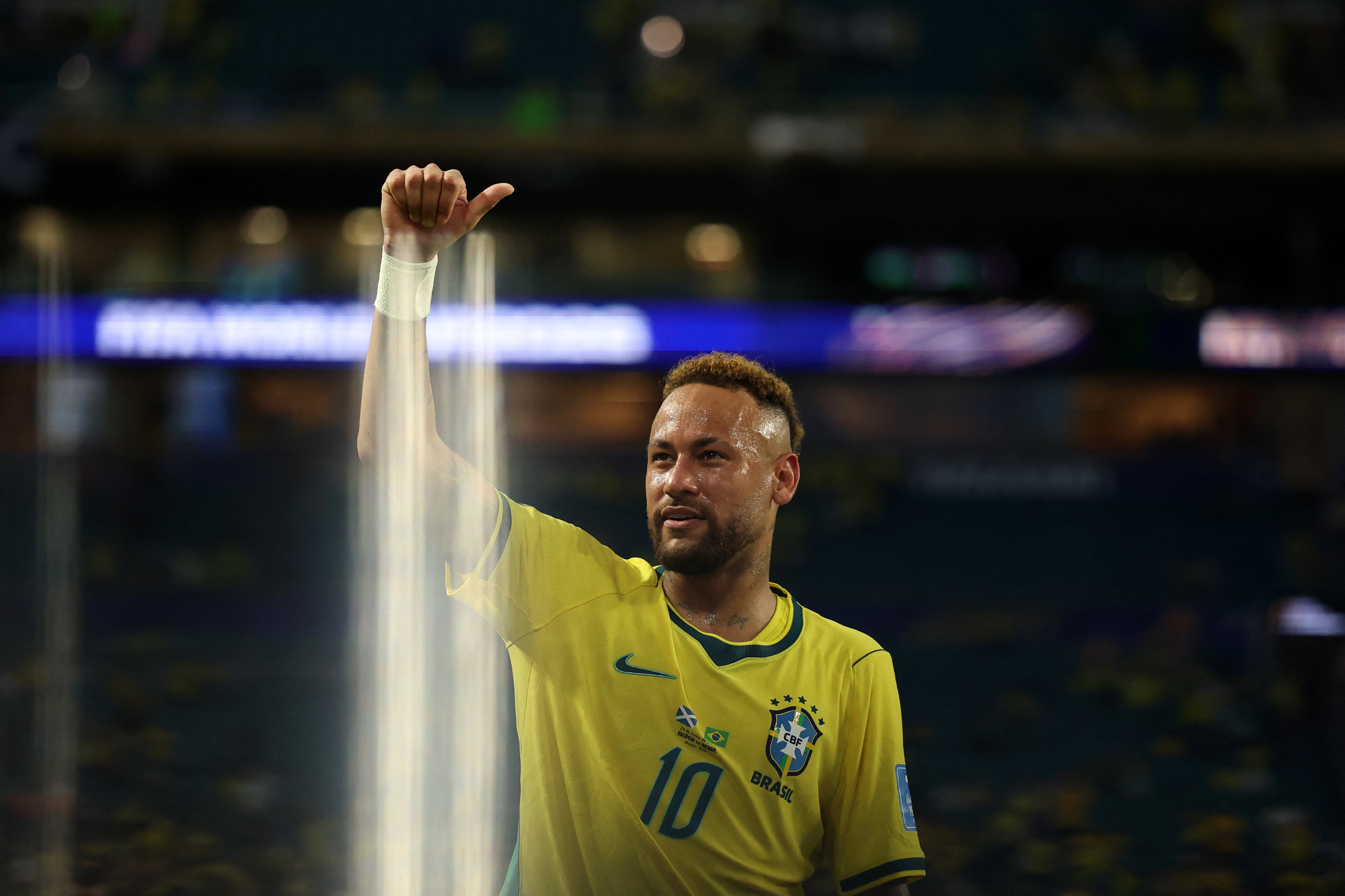 Brazil's forward #10 Neymar celebrates after winning the 2026 World Cup Group C football match between Scotland and Brazil at the Miami Stadium in Miami Gardens on June 24, 2026. (Photo by PATRICIA DE MELO MOREIRA / AFP)