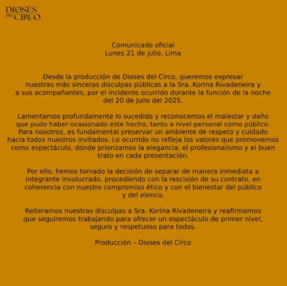 Dioses del Circo se disculpa con la modelo Korina Rivadeneira y separa a bailarín que se sobrepasó. (Foto: Captura de IG)