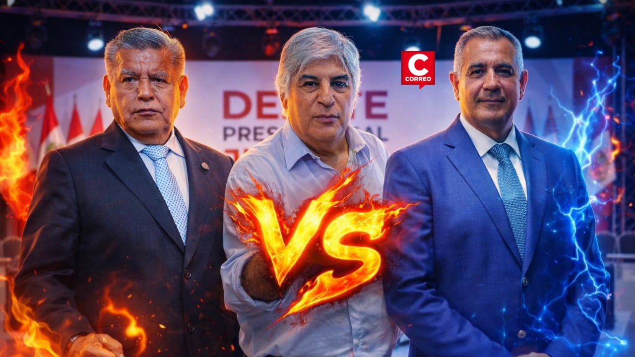Los candidatos Fernando Olivera, Wolfgang Grozo y César Acuña expondrán sus propuestas en seguridad ciudadana durante la primera jornada del debate presidencial 2026. (Imagen generada con IA)