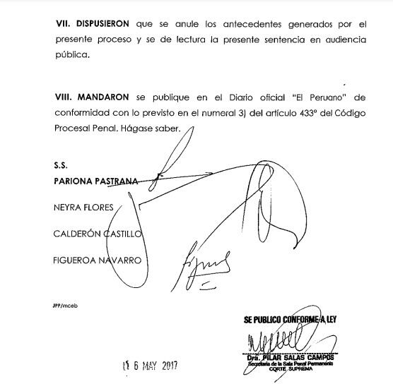 Estos son los magistrados que absolvieron a Wilfredo Oscorima en 2017.