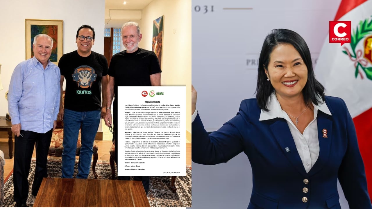 JP reconoce triunfo electoral de Keiko Fujimori con respaldo de Ahora Nación y Partido Cívico Obras. Composición: Diario Correo.