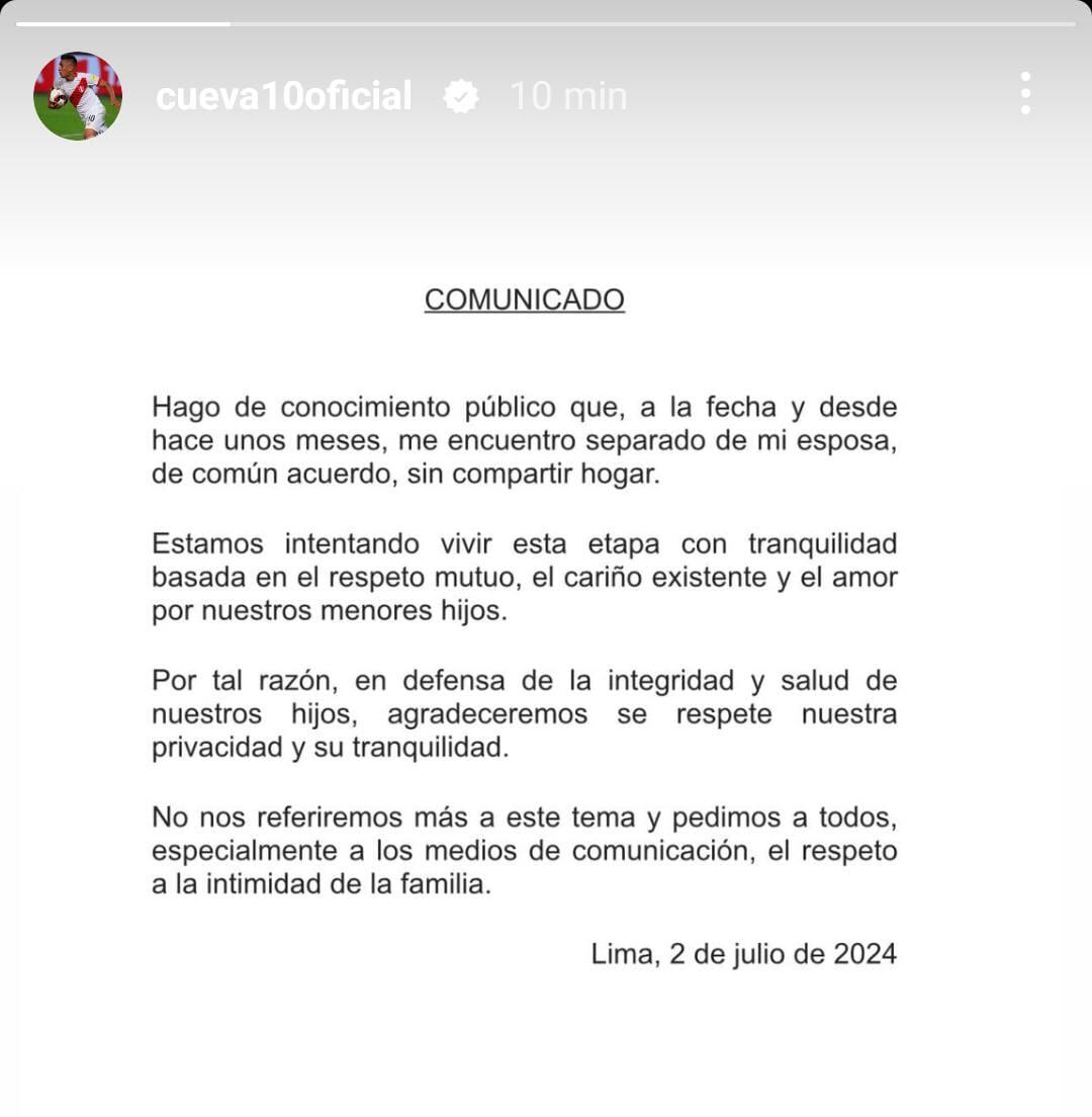 Comunicado de Christian Cueva. (Foto: Instagram)