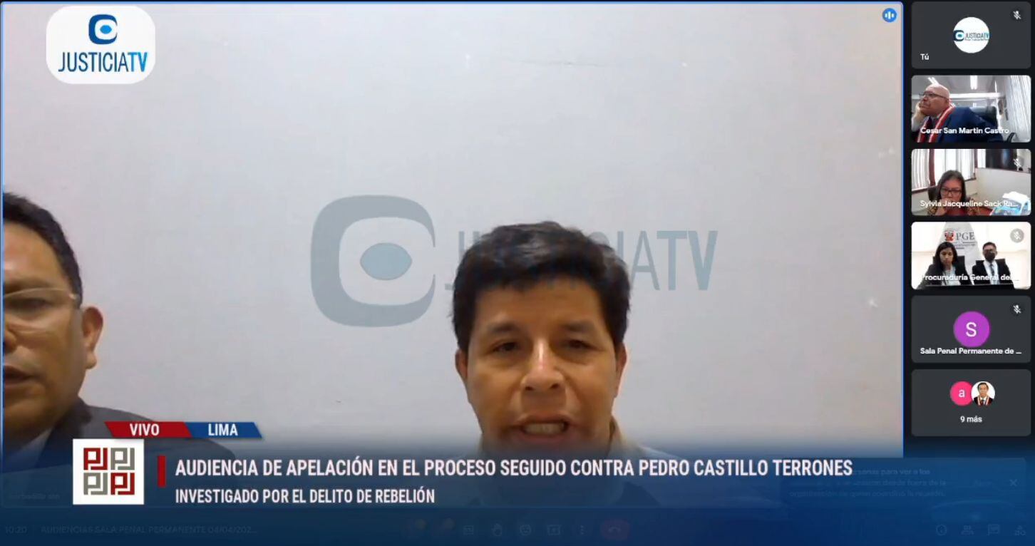 El expresidente Pedro Castillo participa de manera virtual durante las audiencias de los recursos presentados. (Justicia TV)