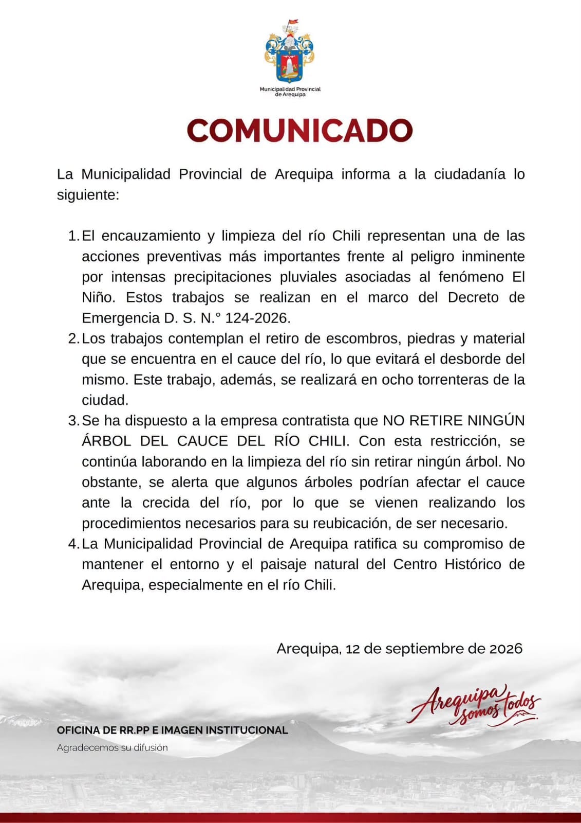 Comunicado de la Municipalidad Provincial de Arequipa.