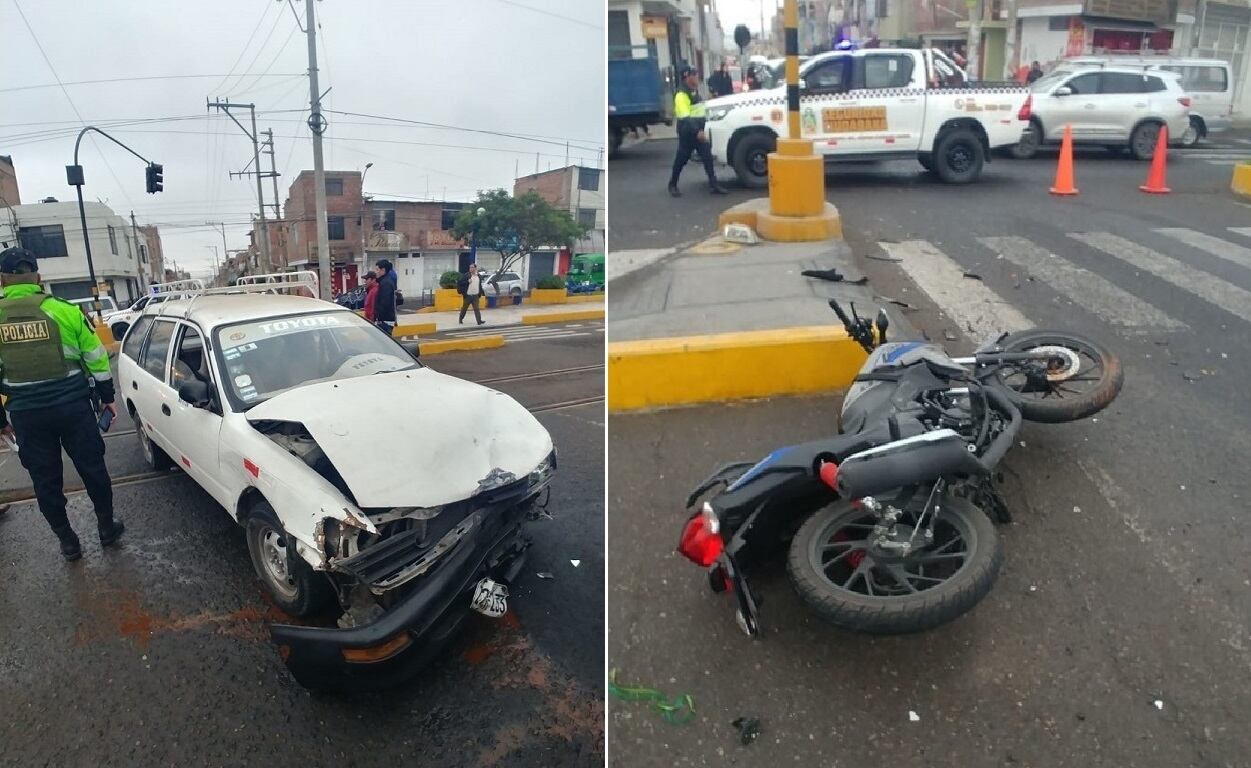 Station wagon con daños visibles en su parte delantera que evidencia la violencia del choque, mientras la motocicleta fue lanzado a varios metros