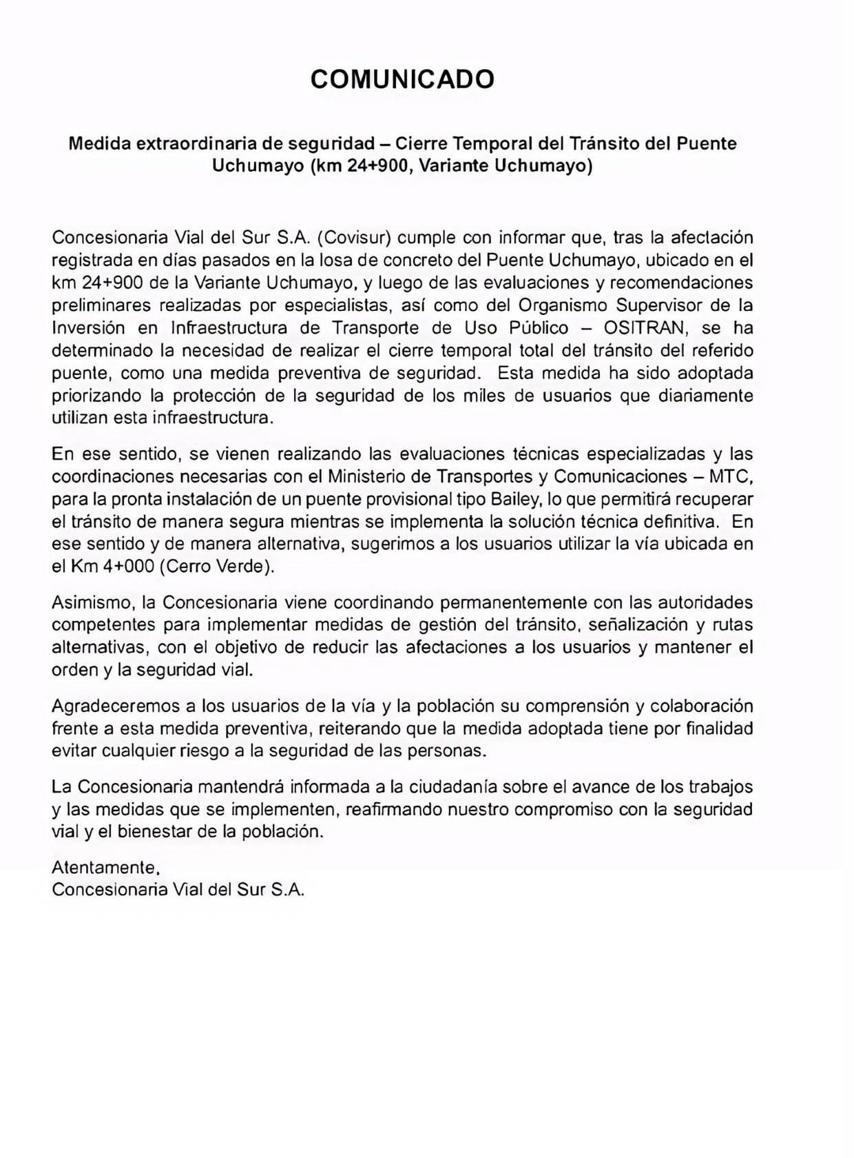 Aviso de Covisur señala que instalarán puente modular en reemplazo del puente de Uchumayo