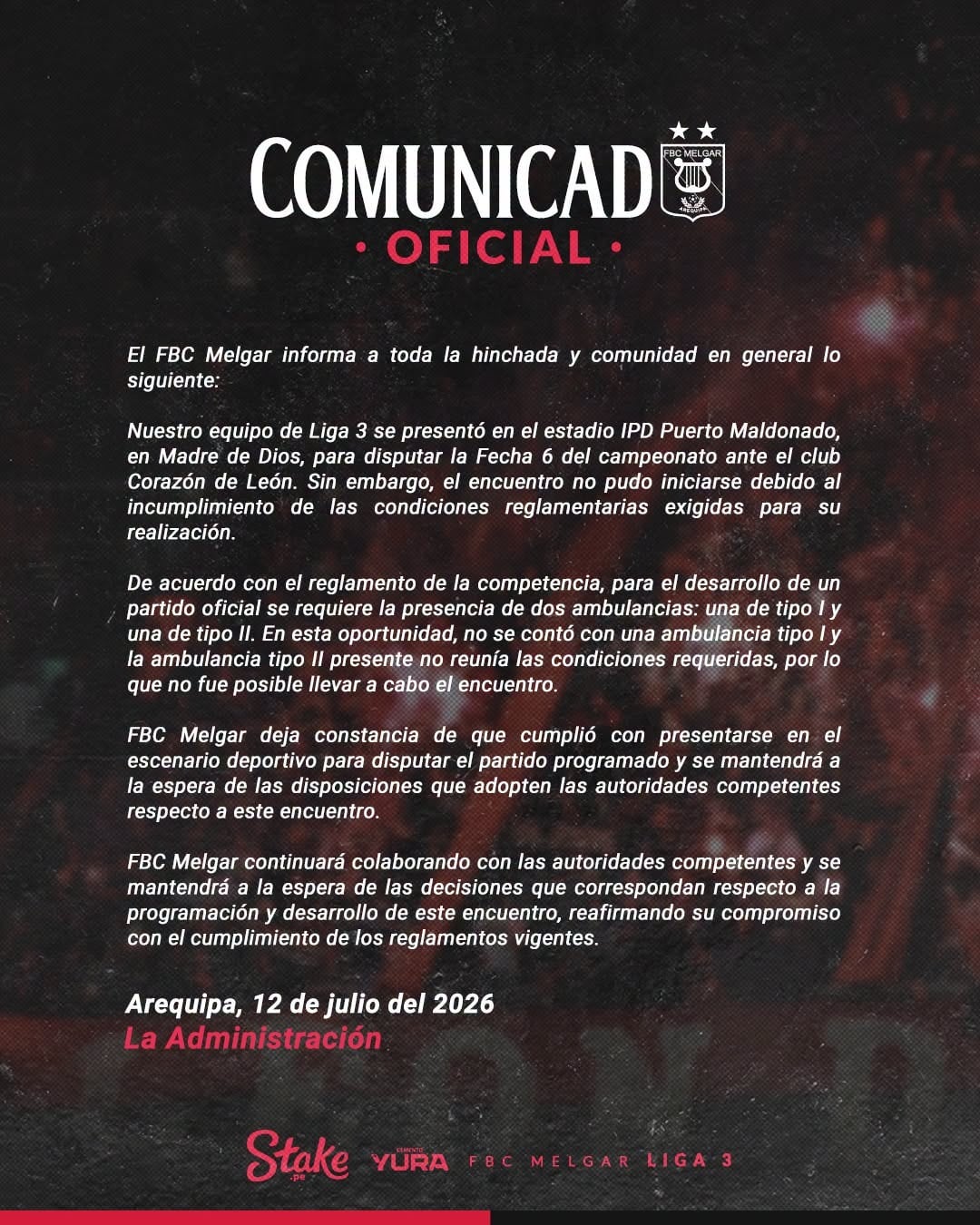 Comunicado del FBC Melgar sobre suspensión del partido de la Liga 3