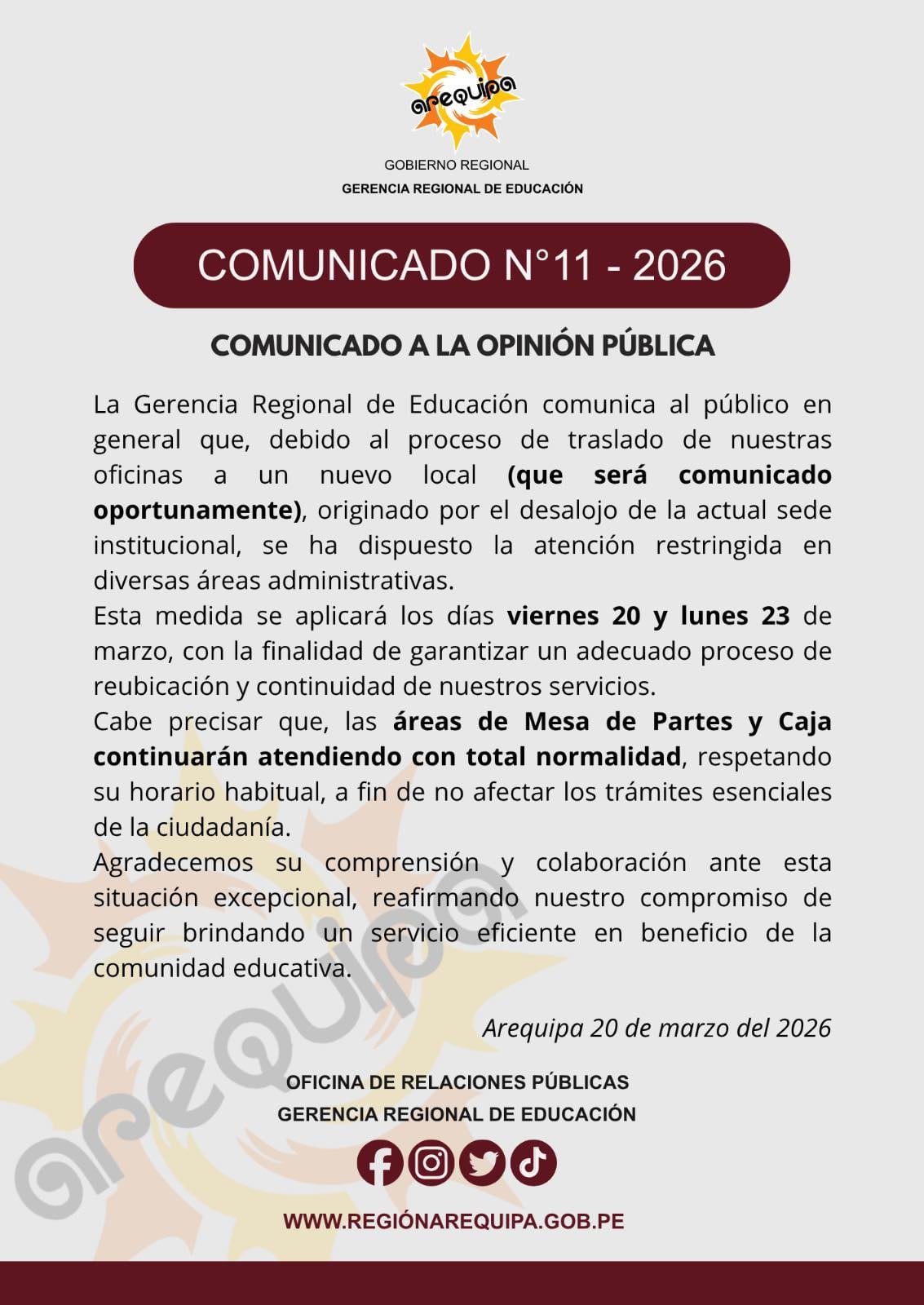 Comunicado de la Gerencia Regional de Educación (Foto: GREA)