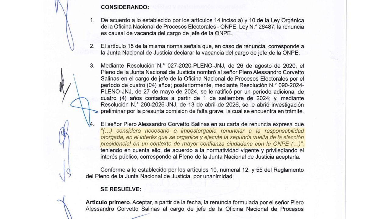 Extracto de la Resolución N.° 119-2026-PLENO-JNJ de la Junta Nacional de Justicia, que acepta la renuncia de Piero Corvetto, el 21 de abril de 2026.