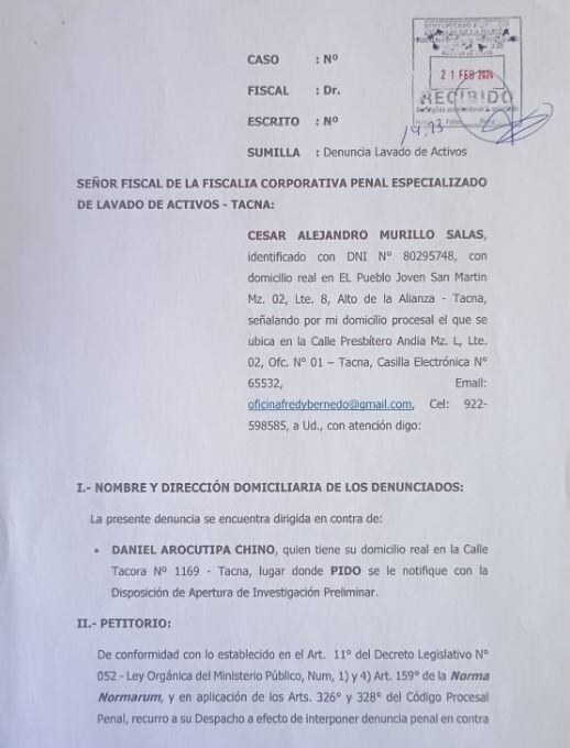 Denuncia presentada ante la fiscalía penal de lavado de activos este 21 de febrero. (Foto: Difusión)
