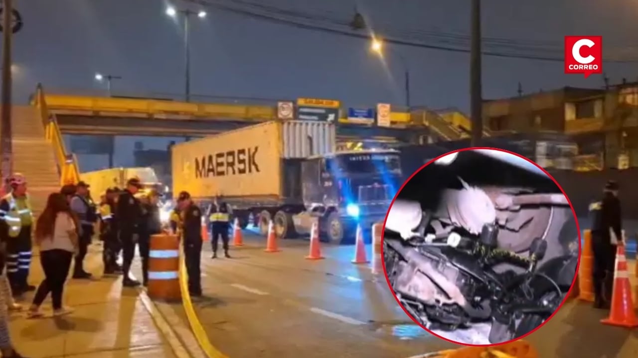 SMP: motociclista murió tras impactar y quedar atrapado entre las ruedas de un tráiler en la vía Evitamiento. Composición: Diario Correo.