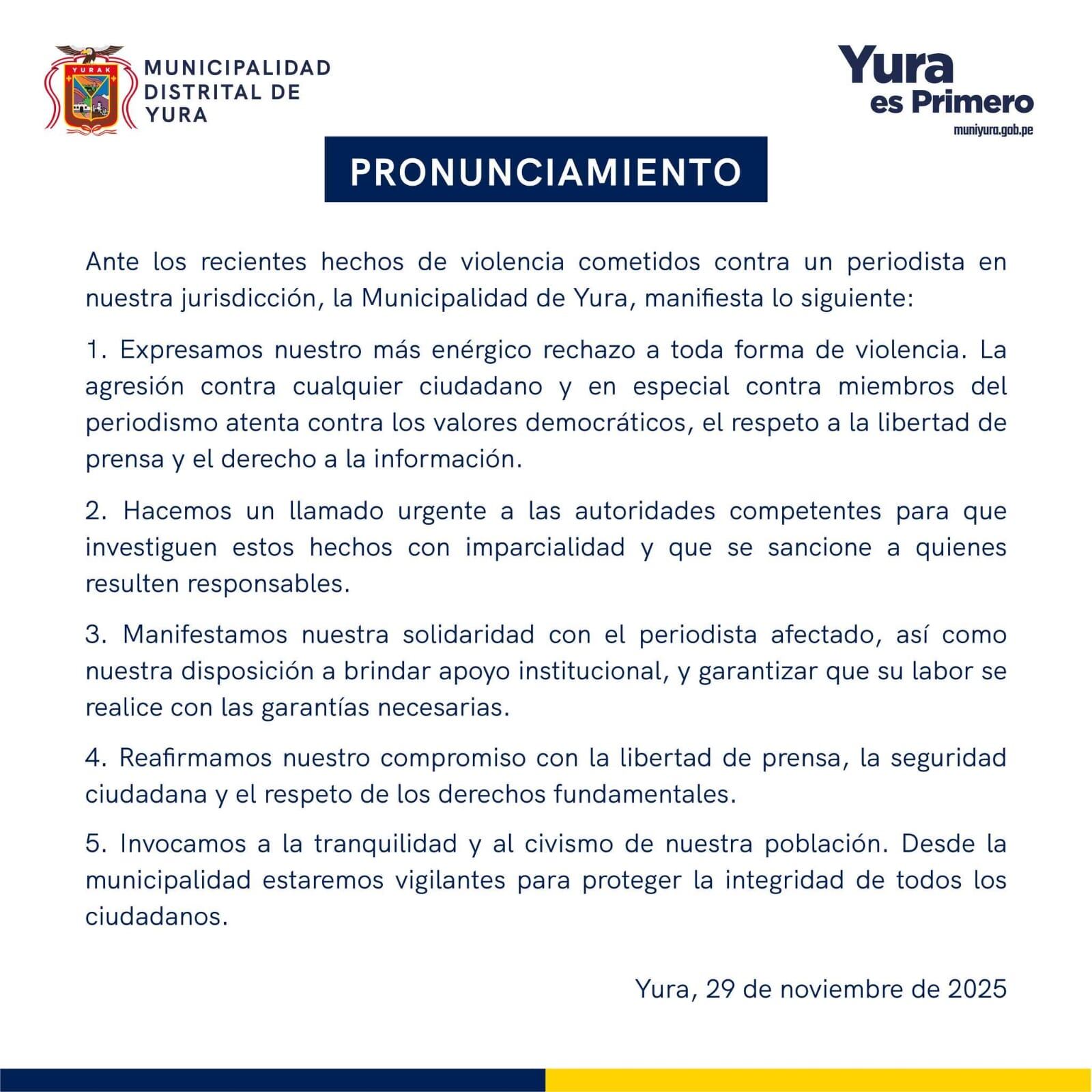 Comunicado de la Municipalidad Distrital de Yura
