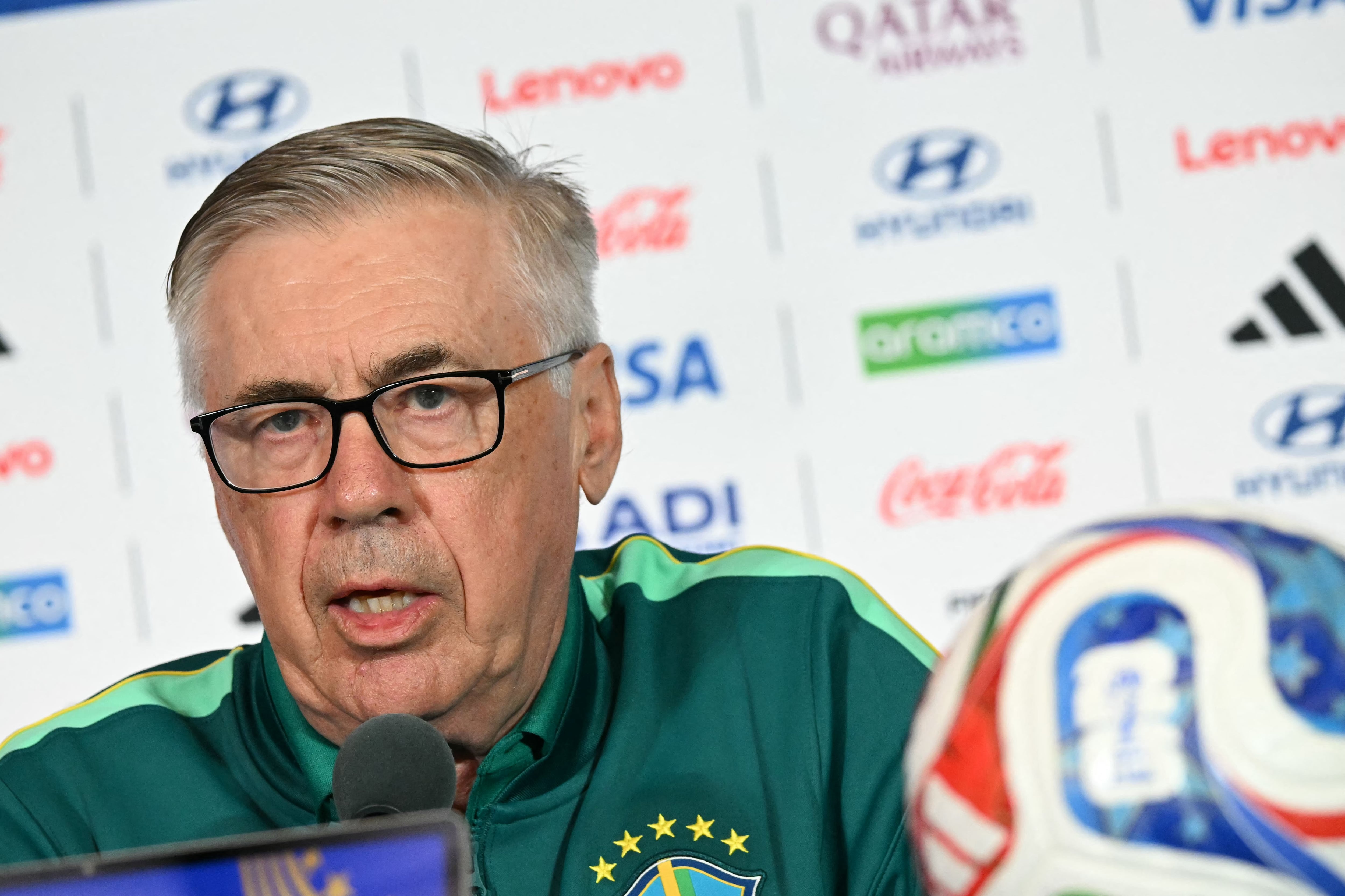 Brazil's Italian head coach Carlo Ancelotti speaks during a press conference on the eve of the 2026 World Cup Round of 32 football match between Brazil and Japan at Houston stadium in Houston on June 28, 2026. (Photo by RONALDO SCHEMIDT / AFP)