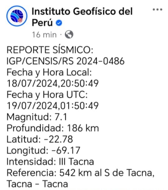 Reporte del Instituto Geofísico del Perú.