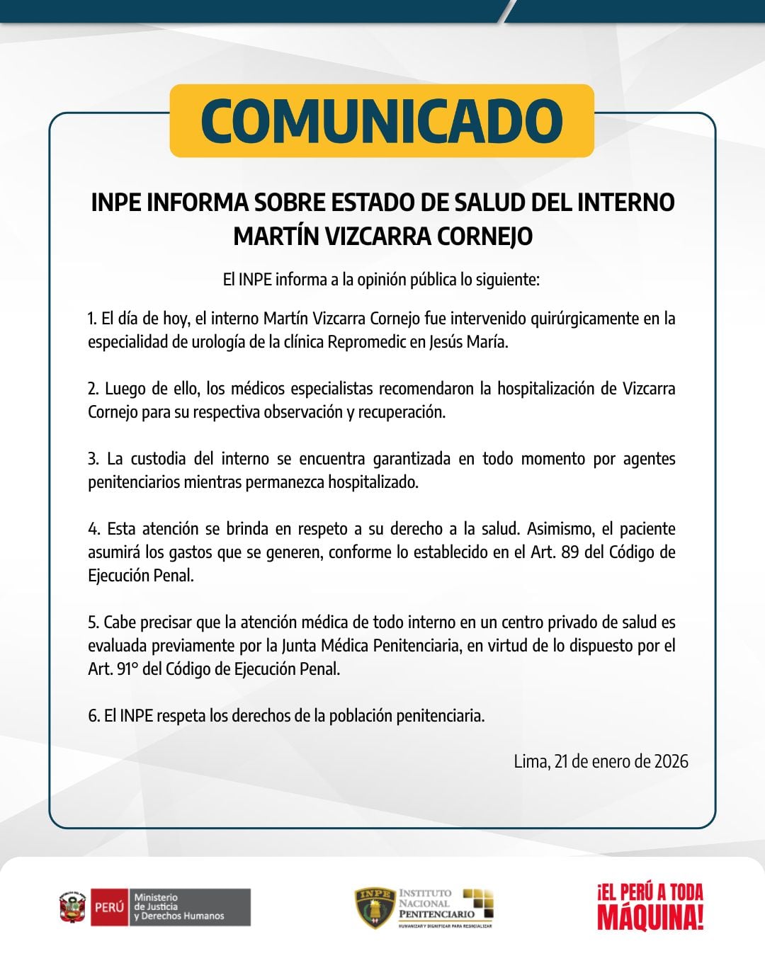 Comunicado del INPE sobre Martín Vizcarra. (Foto: INPE)