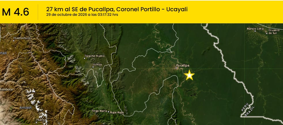 El Instituto Geofísico del Perú (IGP) informó que el movimiento telúrico ocurrió a las 3:17 a. m. de este jueves 29 de octubre de 2026. El epicentro se ubicó al sureste de Pucallpa, en la provincia de Coronel Portillo, región Ucayali.