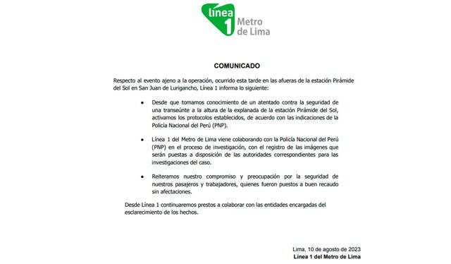 Comunicado de la Línea 1 del Metro de Lima