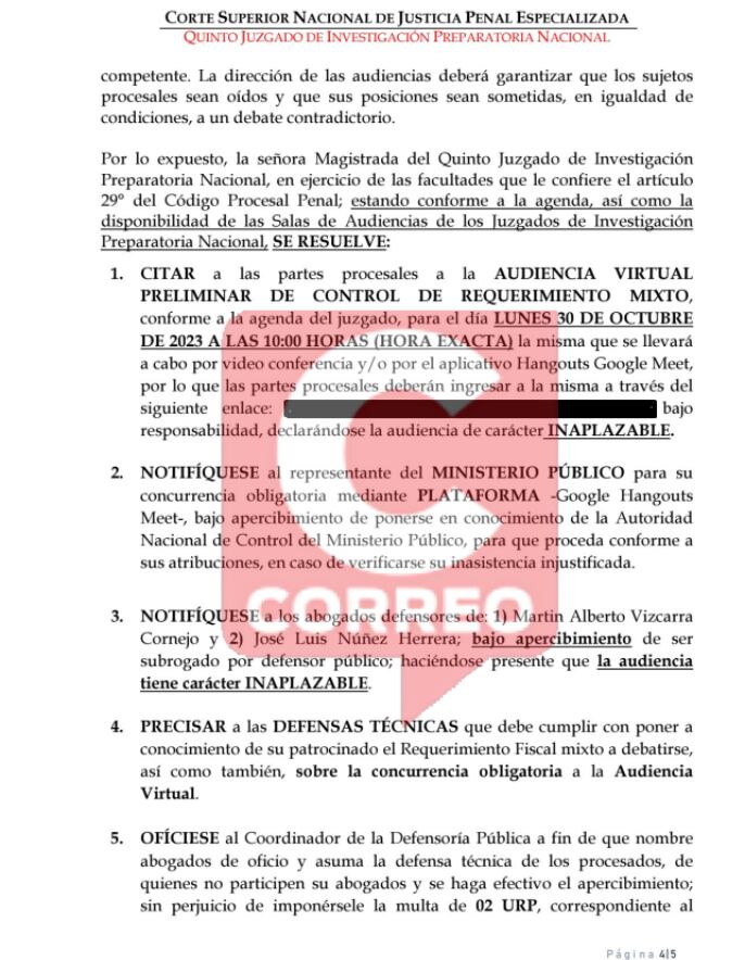 Esta es la resolución con que se cita a la audiencia del inicio de control de acusación contra el expresidente Martín Vizcarra.