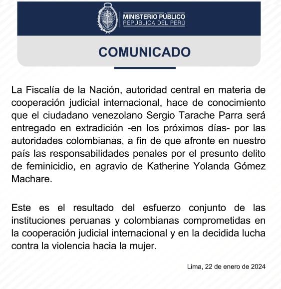 Comunicado del Ministerio Público sobre la extradición de Sergio Tarache