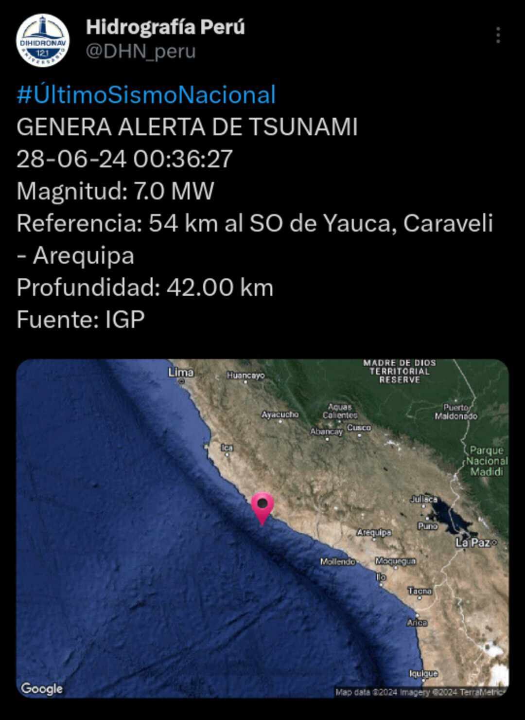 Alerta de Tsunami en Perú. (Foto: DHN Perú)