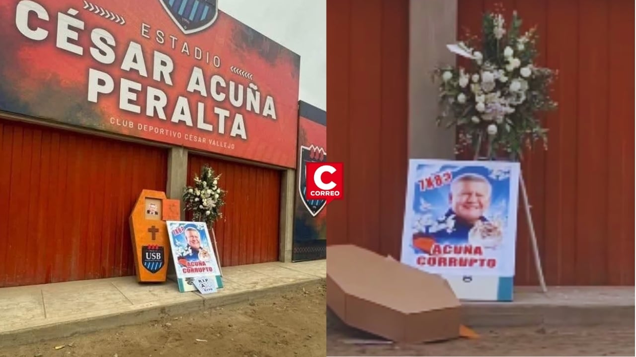 Ataúd con foto de César Acuña aparece en exteriores del estadio de la UCV en Trujillo. Composición: Diario Correo.