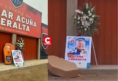 Ataúd con foto de César Acuña aparece en exteriores del estadio de la UCV en Trujillo