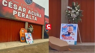 Ataúd con foto de César Acuña aparece en exteriores del estadio de la UCV en Trujillo