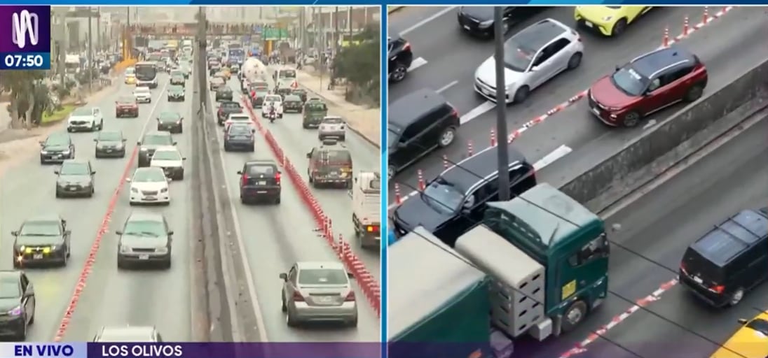 Conductores pasan por encima de los separadores para cambiar de carril, pese a que fueron colocados para ordenar la circulación y evitar el ingreso de vehículos a una vía segregada. FOTO: CAPTURA CANAL N