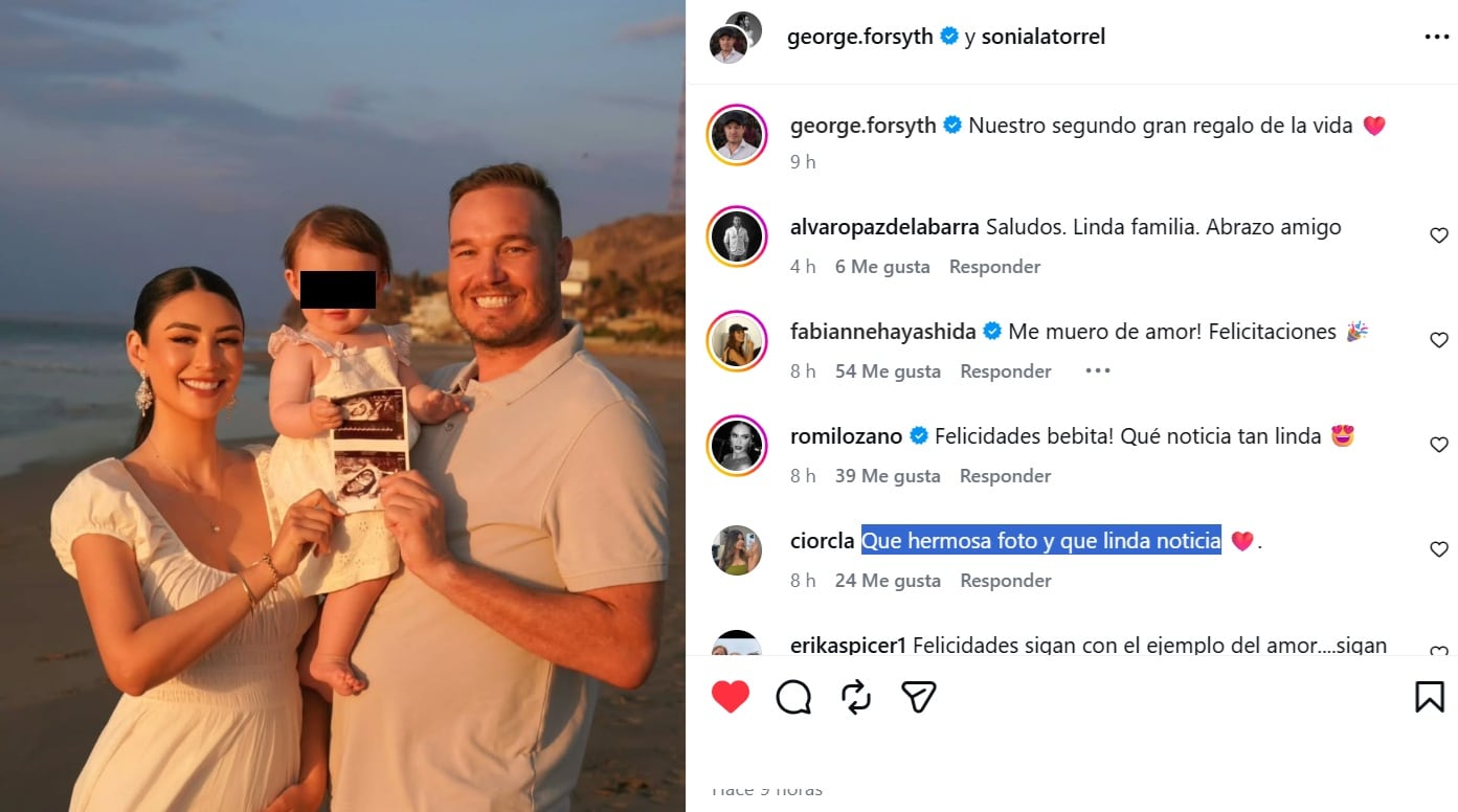 George Forsyth y su esposa Sonia La Torre se convertirán en padres por segunda vez.