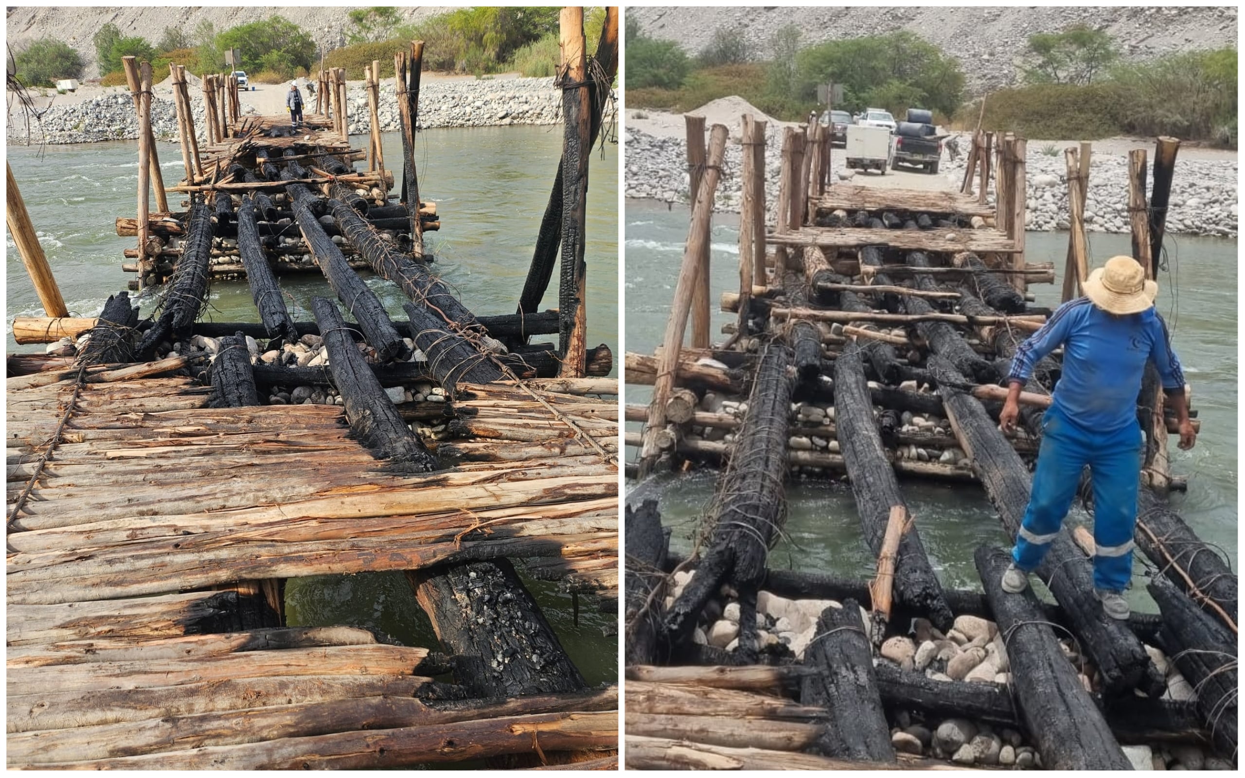 Incendió afectó gran parte del puente rústico elaborado por los pobladores y los vehículos quedaron varados. (FOTO: Cortesía de Jonatan Álvaro)