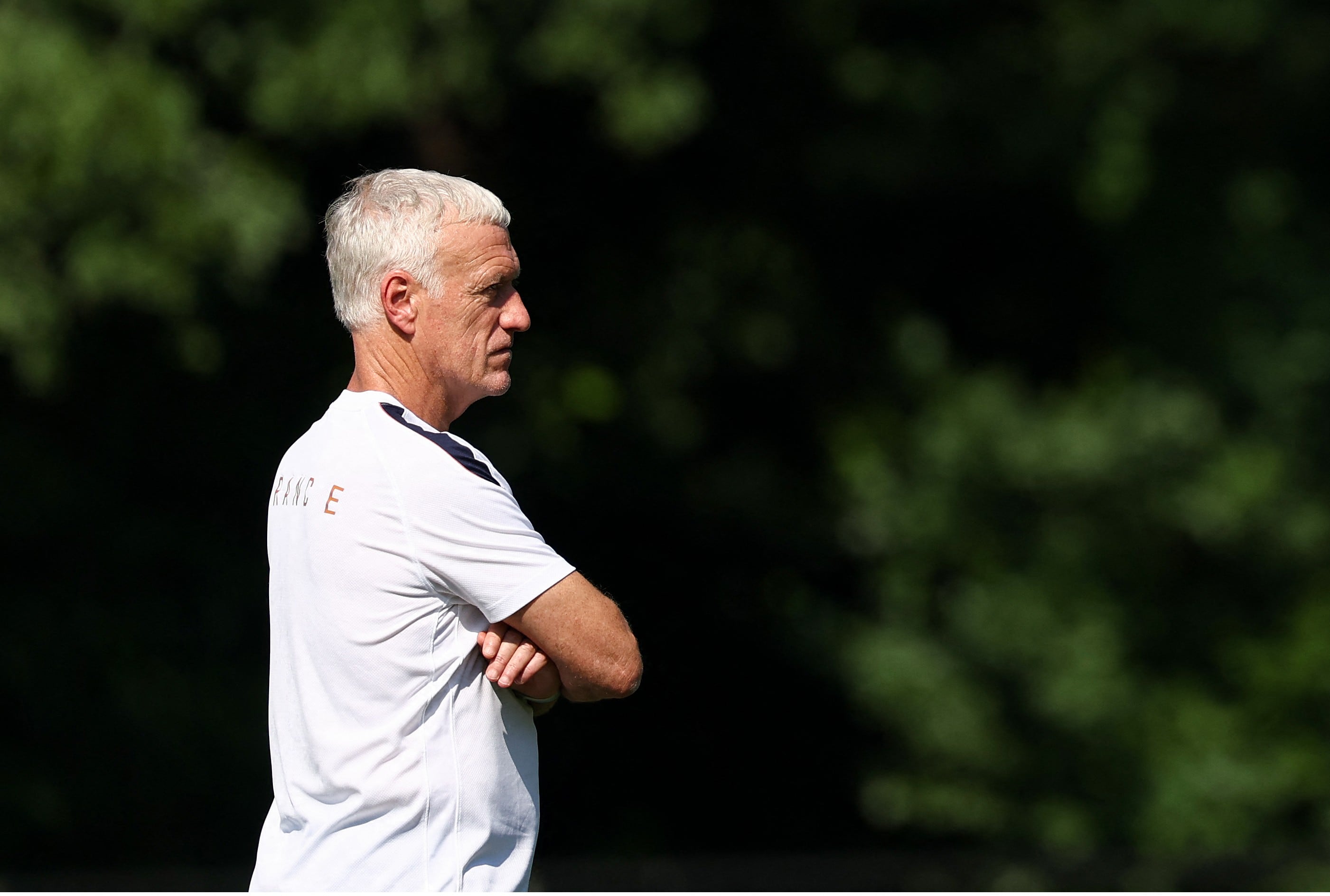 France's head coach Didier Deschamps watches his players in an MD-1 training session at Bentley University in Waltham, near Boston, on July 8, 2026, on the eve of the 2026 World Cup football tournament quarter-final match between France and Morocco. (Photo by FRANCK FIFE / AFP)