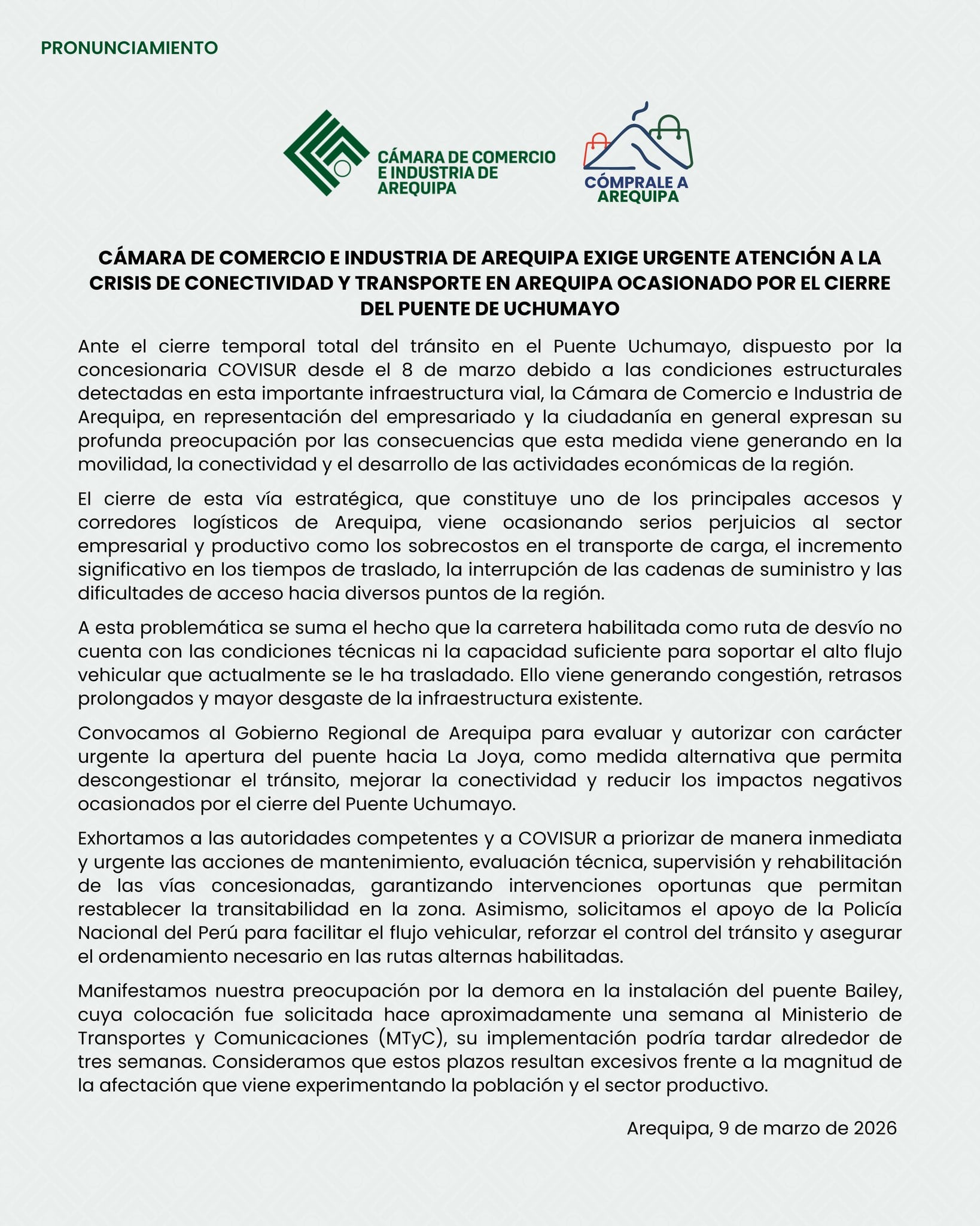 Cámara de Comercio solicitó habilitar el puente Arequipa-La Joya.