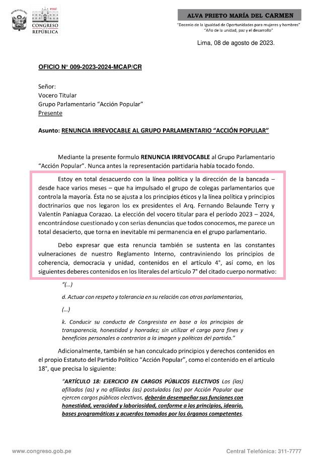 La congresista María del Carmen Alva fue la primera parlamentaria en renunciar a Acción Popular.