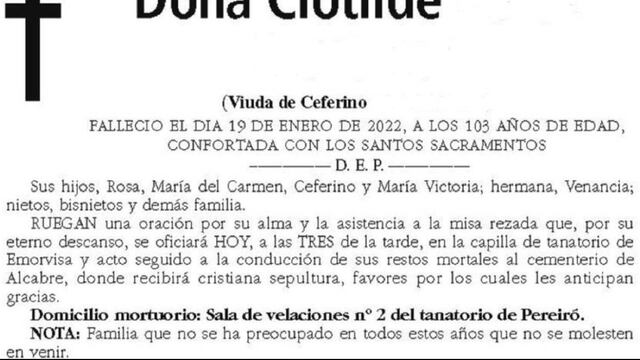 El “sincero” mensaje de la esquela de una anciana de 103 años dirigida a sus familiares ingratos 