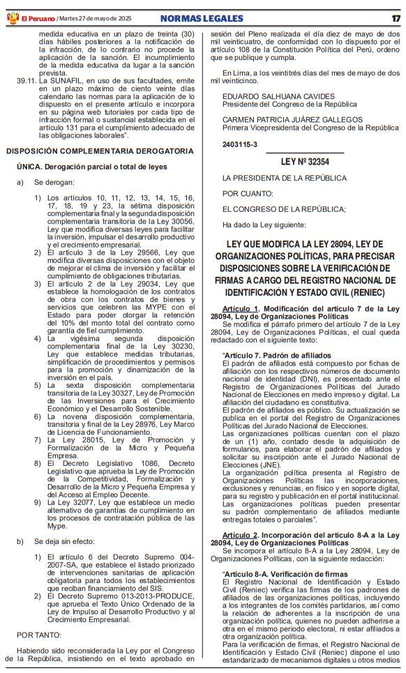 Ley que precisa verificación de padrones de afiliados por el Reniec.