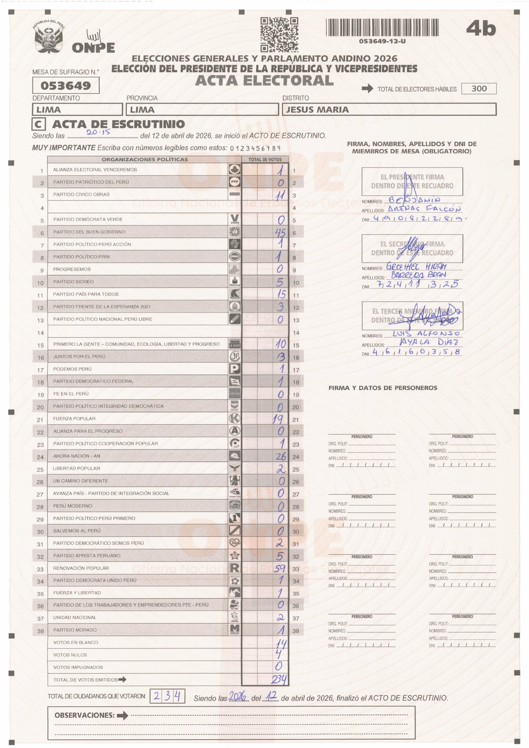 Acta presidencial N° 053649 digitalizada por la ONPE el 14 de abril de 2026.