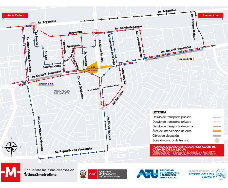 El plan de desvío vehicular es para la construcción de la estación Carmen de La Legua, en el Callao, de la Línea 2 del Metro de Lima.