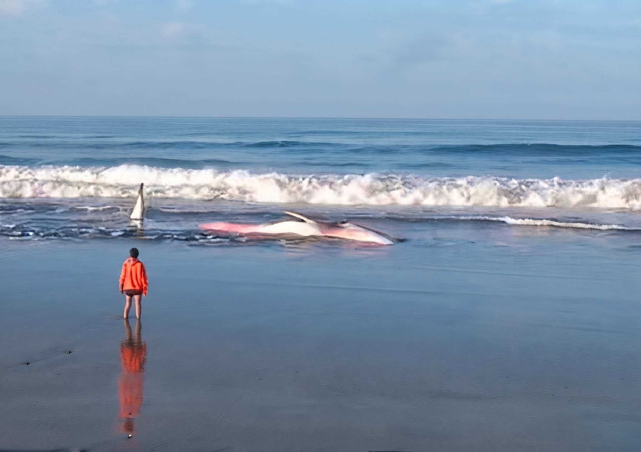 Ballena varada en playas de Islay, en Arequipa. Foto: Difusión/Mejorada con IA.