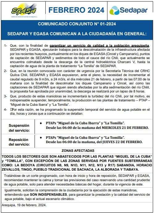 Comunicado de Sedapar sobre la suspensión del servicio de agua. (Foto: Captura)