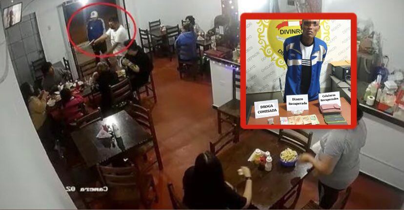 Cámaras grabaron al detenido durante el asalto. Tres equipos móviles y S/200 en efectivo se le incautó al detenido.