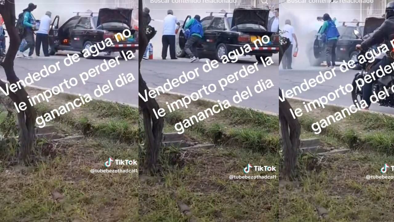 Vendedor de bebidas usa sus botellas de agua para apagar incendio de un auto. (Foto: composición EC)