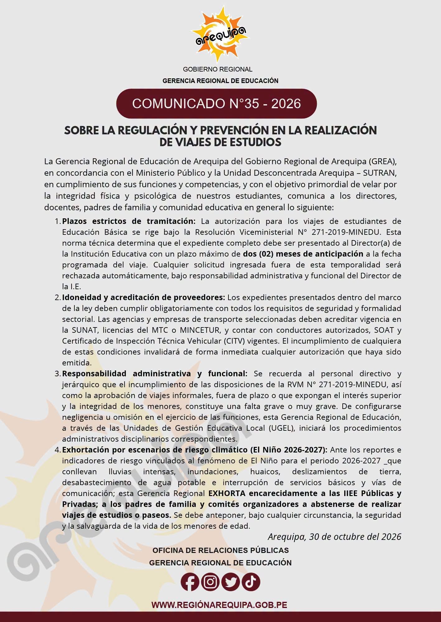 Comunicado de la Gerencia Regional de Educación de Arequipa sobre viajes de estudiantes.