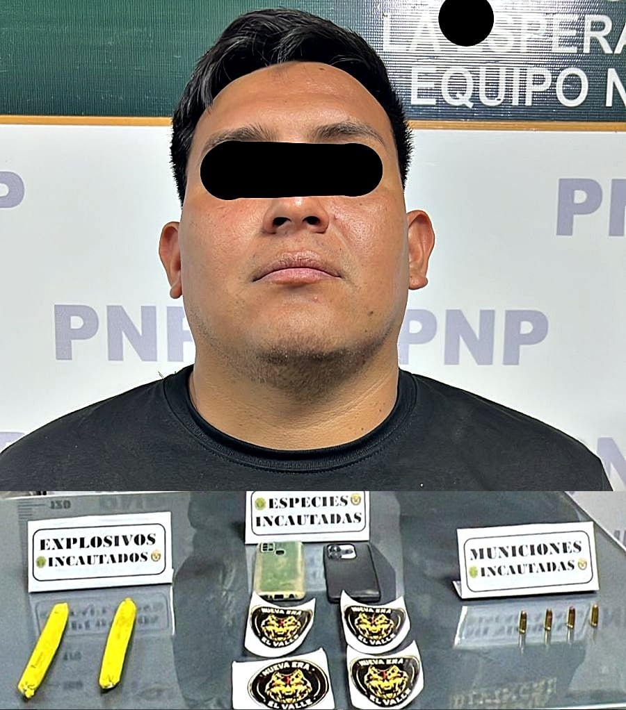 Se le incautaron dos cartuchos de dinamita, municiones calibre 9 milímetros, dos celulares y stickers extorsivos.