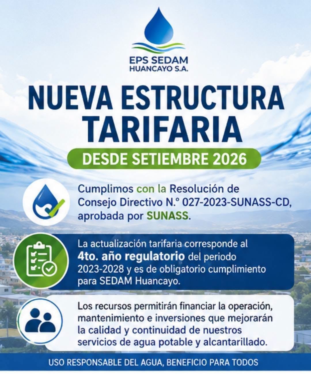 Aumenta en 7% la tarifa de agua para usuarios de Sedam Huancayo desde septiembre