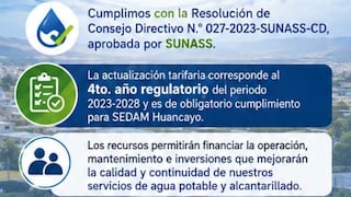Aumenta en 7% la tarifa de agua para usuarios de Sedam Huancayo desde septiembre