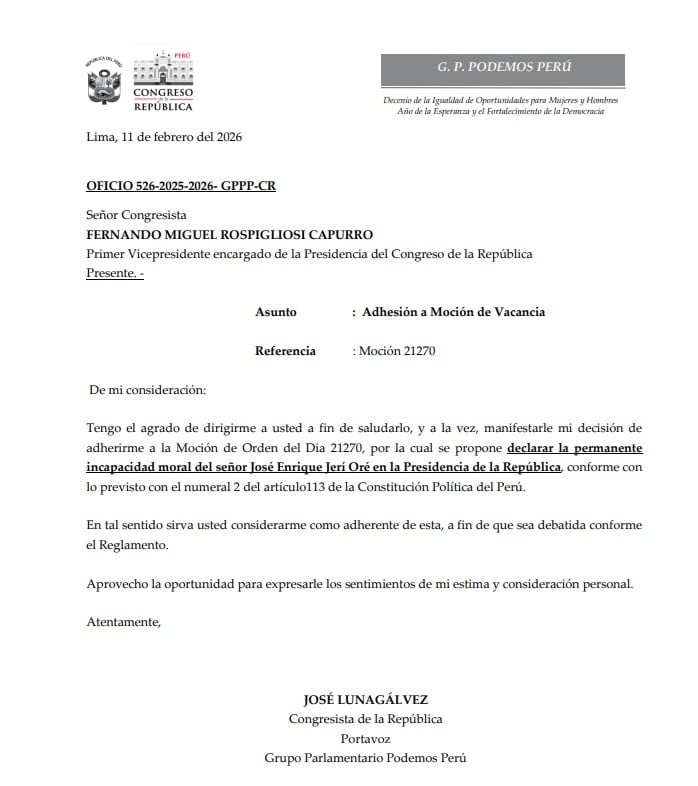 Documento enviado por el congresista José Luna Gálvez.