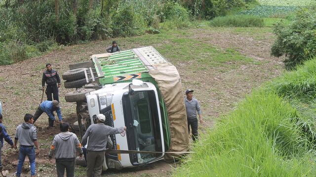 Camión se despista,  cae a una chacra y ocupantes lo dejan abandonado