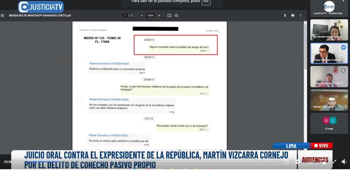 Esta es una conversación de WhatsApp entre Granados y Hernández, en alusión a Martín Vizcarra. (Captura: Justicia TV)