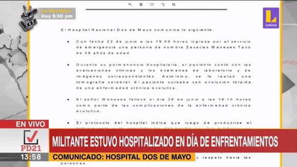 Comunicado oficial del hospital 2 de mayo del militante de Perú Libre